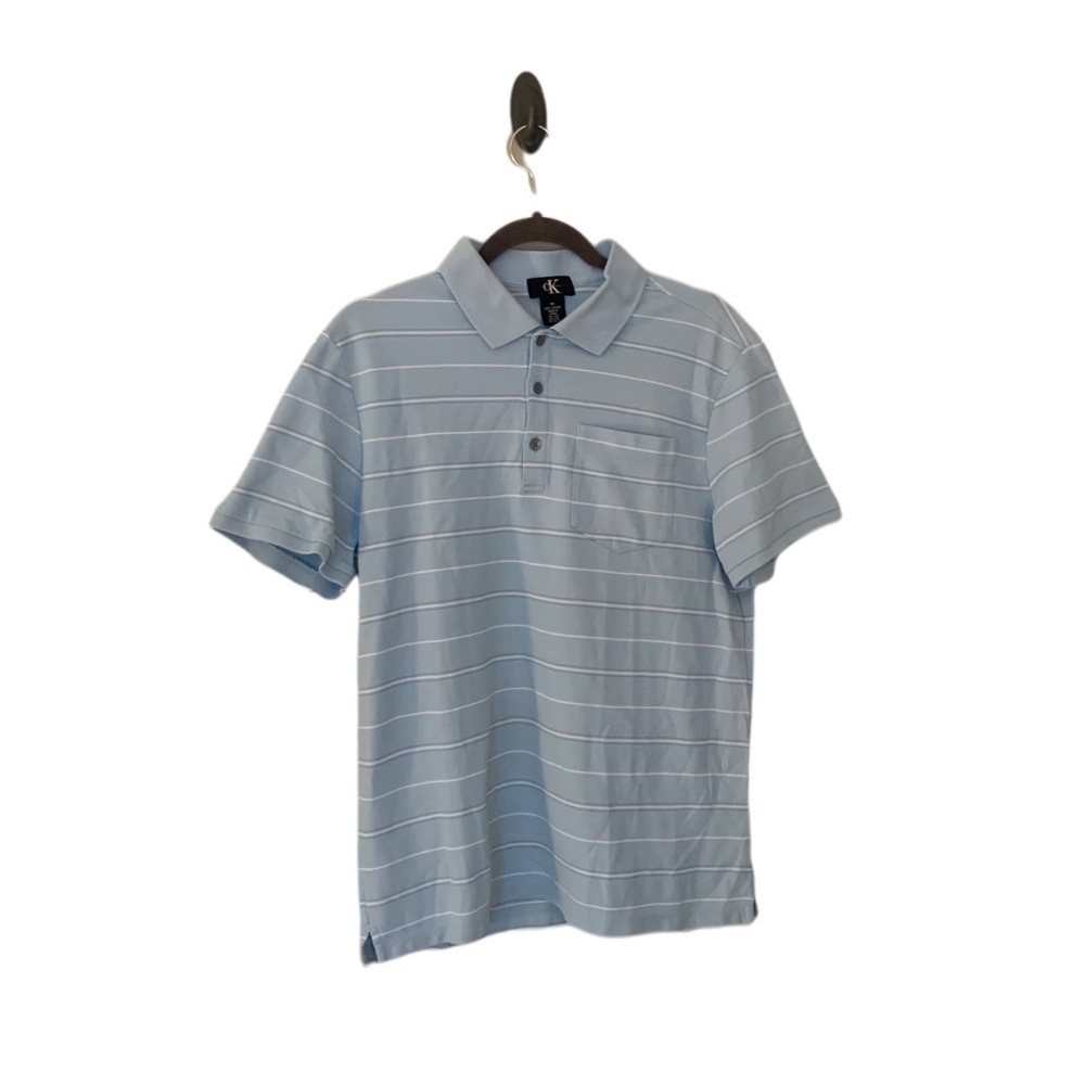 Calvin Klein Mens Retro Polo Light Blue White Stripe Cotton Short Sleeve Medium